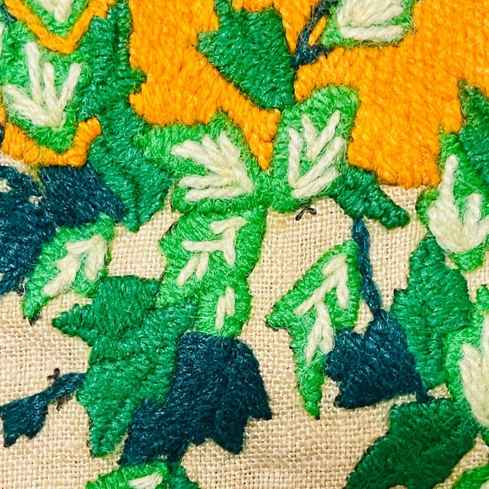 Vintage Crewel Wall Art Hanging Burlap Tapestry Mini Textile 11x11 Handmade Boho